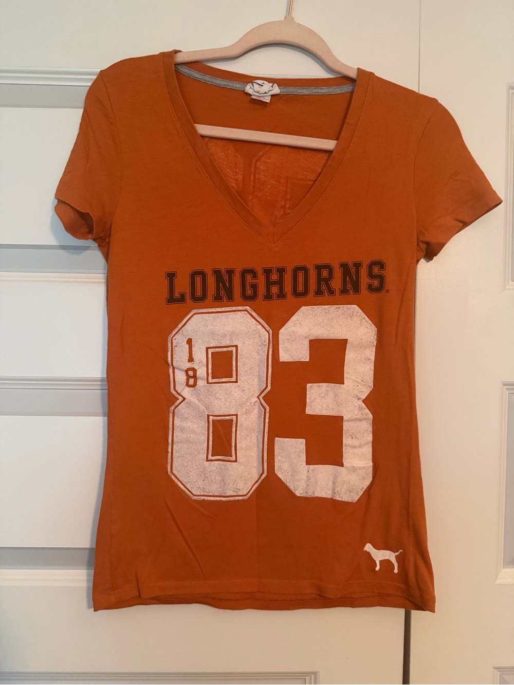 PINK Victoria's Secret Women's V-Neck Tee in Burnt Orange with White Graphic